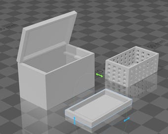 May include: A 3D-rendered image of a gray rectangular box with a hinged lid, an openwork rectangular container, and a tray. The box is open, revealing its interior. The openwork container has a grid-like pattern of square holes.