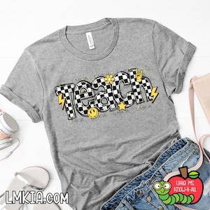 Checkered Smiley Emoji Teach Teacher T-Shirt, Back to School Shirt, Meet the Teacher, First Day, Shirts for Teachers and Staff, Doodle