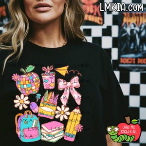 Neon School Supply Coquette Teacher T-Shirt, School Doodles Shirt, First Day Back to School, Meet the Teacher Gift, Disco Ball Apple, Pencil