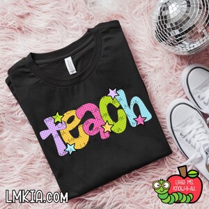 Rainbow Checkered Teach with Stars Teacher T-Shirt