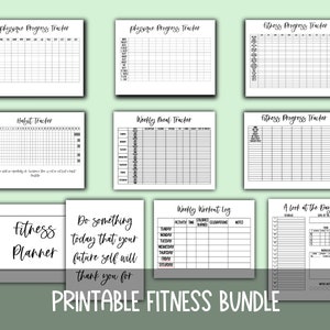 Peut inclure: Ensemble de planificateurs de remise en forme imprimables avec du texte noir et blanc sur fond blanc. L'ensemble comprend un suivi de la progression physique, un suivi des habitudes, un suivi des repas hebdomadaires, un suivi de la progression de la forme physique, un journal d'entraînement hebdomadaire et un suivi de la journée.