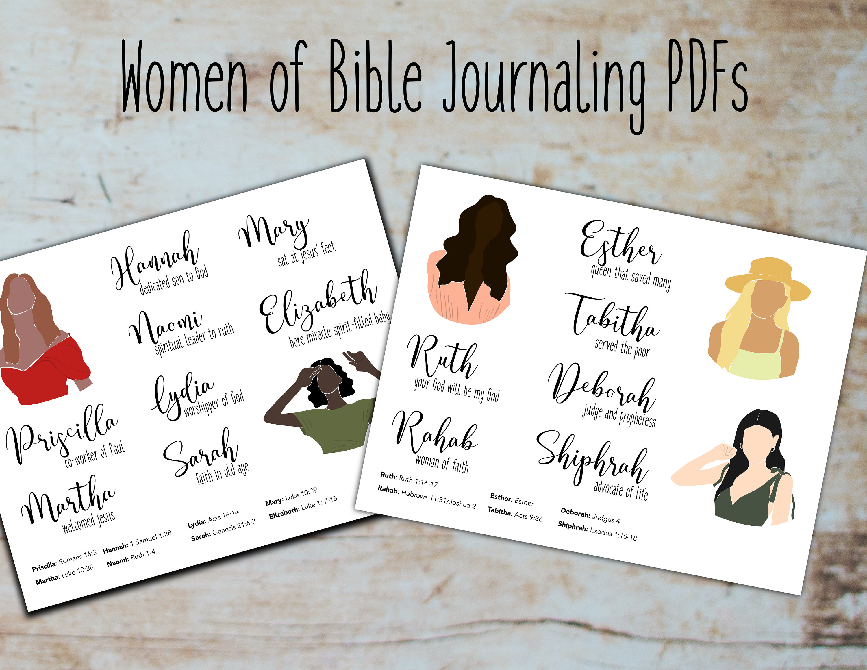 Women of Bible Bible Journaling Kit, Women of Bible Reference Sheet,  Esther, Ruth Bible. Hand-drawn Diverse Women Digital Download 