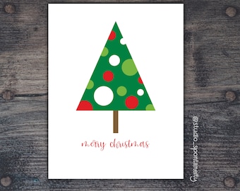 Printable Christmas Card, Modern Christmas Tree Card, Cute Christmas Card, Holiday Card, Red and Green Polka Dot Christmas Card