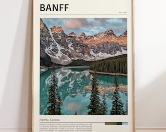 Vintage Banff Poster, Mid Century Modern Canada Wall Art, Nature Digital Download, Living room decor newspaper style, Travel Photography