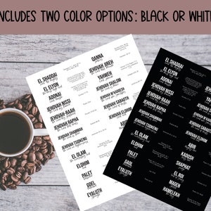 May include: Two printable sheets of Hebrew names of God with their meanings and scripture references. One sheet is black with white text, and the other is white with black text. The names include El Shaddai, El Elyon, Adonai, Jehovah Nissi, Jehovah-Raah, Jehovah Rapha, Jehovah Shammah, Jehovah Tsidkenu, El Olam, Elohim, Palet, Goel, Eyaluth, Qanna, Jehovah Jireh, Yahweh, Jehovah Shalom, Jehovah Mikaddesh, Jehovah Sabaot, Jehovah Elohim, Abir, Kadosh, Shaphat, El Roi, Magen, Hamelekh.