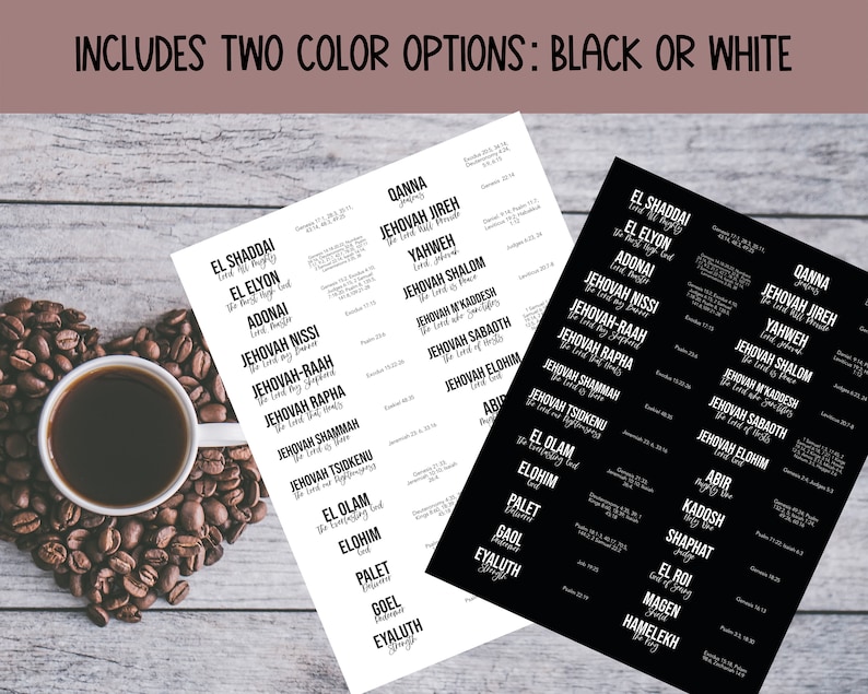 May include: Two printable sheets of Hebrew names of God with their meanings and scripture references. One sheet is black with white text, and the other is white with black text. The names include El Shaddai, El Elyon, Adonai, Jehovah Nissi, Jehovah-Raah, Jehovah Rapha, Jehovah Shammah, Jehovah Tsidkenu, El Olam, Elohim, Palet, Goel, Eyaluth, Qanna, Jehovah Jireh, Yahweh, Jehovah Shalom, Jehovah Mikaddesh, Jehovah Sabaot, Jehovah Elohim, Abir, Kadosh, Shaphat, El Roi, Magen, Hamelekh.
