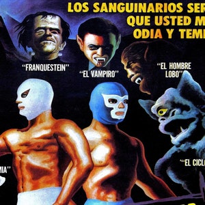 Santo y Blue Demon Against the Monsters -- Póster de lujo de 8,5" X 11" // ¡Lucha Libre Tag Team vs Fiends from Hell!