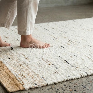 Natural Ivory Blend Textured Wool Rug : Handwoven Neutral Minimalist Scandinavian Decor, Custom made
