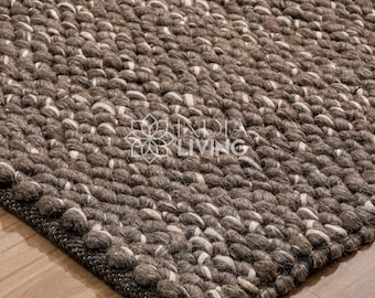 Brown Ivory Chunky Cashew Weave Wool Loop Rug, Handwoven Cozy Modern Scandinavian Custom Carpet