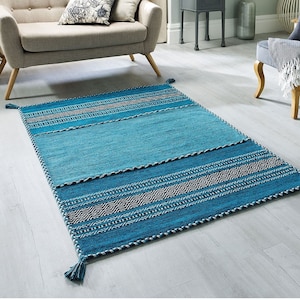 Teal Blue Kilim Rug, Indian Handmade, Vintage, Aesthetic Room Decor, Moroccan, Trending, Living Room Carpet, Hallway Runner, Aqua Blue Rug zdjęcie 2