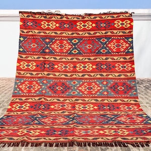 Red Afghan Style Handwoven Indoor Outdoor Nomad decor Flatweave Kilim Rug, sustainable recycled decor - Custom made in all sizes