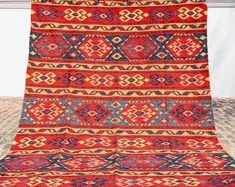 Rode Afghaanse stijl handgeweven binnen buiten Nomad decor platgeweven kelimtapijt, duurzaam gerecycled decor - op maat gemaakt in alle maten