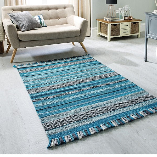 Teal Blue Stripe Moroccan Kilim Area Rug, Indian Handmade Colourful Tassel Rug, Housewarming gift , Aesthetic home decor rug