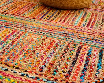 Multi Chindi Striped Jute Rag Rug - Handcrafted Sustainable Home Decor - Natural Texture and vibrant Colors - Custom made Rainbow textured