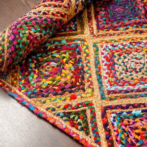 Multi Diamond Chindi Jute Rag Rug, Handcrafted Sustainable Home Decor - Natural Texture, vibrant Colours, Custom made Rainbow textured