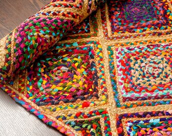 Multi Diamond Chindi Jute Rag Rug, Handcrafted Sustainable Home Decor - Natural Texture, vibrant Colours, Custom made Rainbow textured