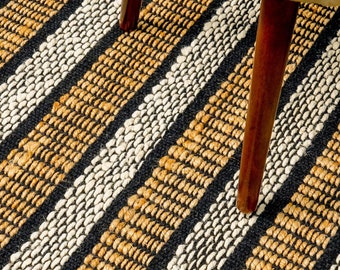 Handmade Natural wool jute white striped rug, Sustainable & Eco-Friendly, Customization available