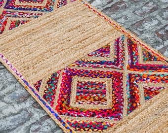 Handwoven Jute Runner Rug, Colorful Diamond Pattern - Bohemian Farmhouse Style, custom made