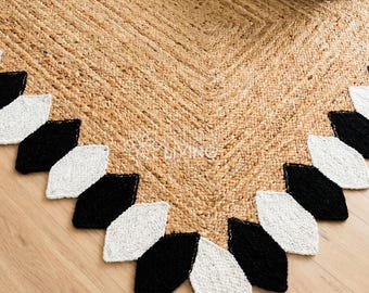 Naturjute-Teppich mit Muschelkante, schwarz-weißer Bordüre, umweltfreundliche und nachhaltige Boho-Dekoration