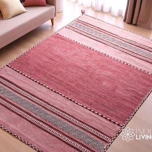 Pink Kilim Rug, Indian handmade Flat weave Bohemian Living Area rug, Ethnic, Moroccan Inspired Decor Carpet