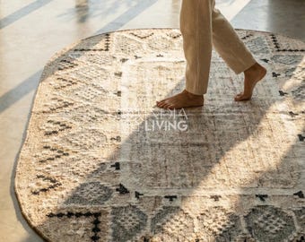 Ivory Beige Bohemian Aztec Oval Rug - Handwoven Recycled Pet yarn Rug , Patio Decor