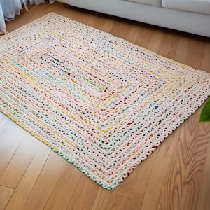 Multi Chindi Rainbow White Rag Rug, Handcrafted Recycled Cotton Home Decor for Living room, Bedroom, Sustainable rug, Personalized sizes