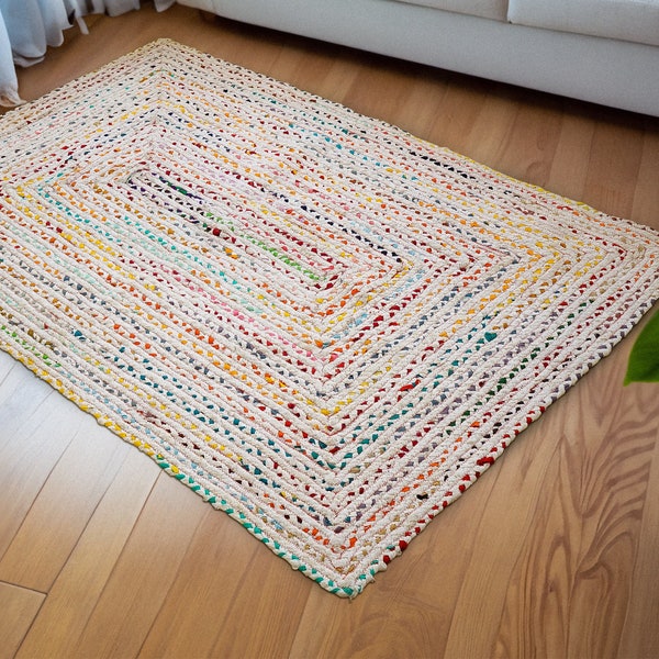 Multi Chindi Rainbow White Rag Rug, Handcrafted Recycled Cotton Home Decor for Living room, Bedroom, Sustainable rug, Personalized sizes