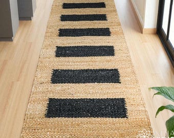 Natural Black Striped Hemp Runner Rug, Handmade Hallway Jute runner, entryway Boho decor