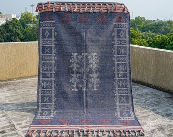 Handwoven Dark Denim Rustic Flatweave Kilim Wool Area Rug, Antique carpet, Indian Dhurrie, Living Room carpet, Customisable 8x10 9x12 10x14