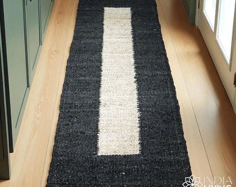 Natural Black Hemp Hallway Runner Rug , Minimalistic Kitchen Jute Runner, Eco Friendly Sustainable decor