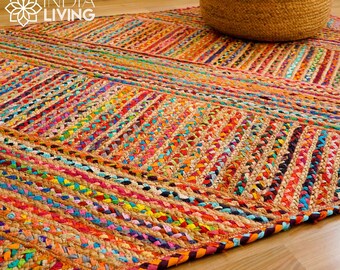 Multi Chindi Striped Jute Rag Rug - Handcrafted Sustainable Home Decor - Natural Texture and vibrant Colors - Custom made Rainbow textured