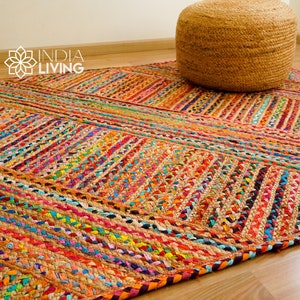 Multi Chindi Striped Jute Rag Rug - Handcrafted Sustainable Home Decor - Natural Texture and vibrant Colors - Custom made Rainbow textured