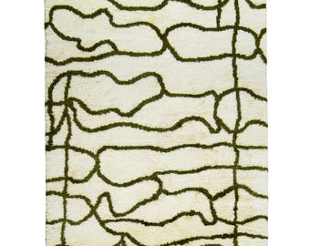 Alfombra marroquí tribal abstracta bereber verde marfil: anudada a mano, decoración escandinava, hecha a medida