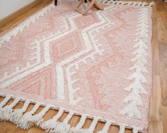 Pink Moroccan Handwoven Bohemian Style custom wool rug, shag rug 3x5 4x6