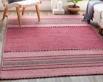 Pink Kilim Rug, Indian handmade Flat weave Bohemian Living Area rug, Ethnic, Moroccan Inspired Decor Carpet