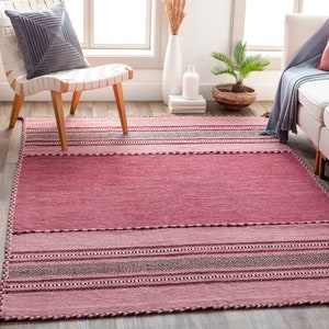 Rosa Kelim Teppich, indischer handgefertigter Flachgewebe Boho Wohnbereich Teppich, ethnischer, marokkanisch inspirierter Dekorteppich