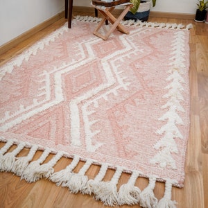 Handwoven Pink Shaggy Wool Area Rug, Pink Berber Rug, Bohemian Artistic Carpet for Living Room, Custom made in all sizes