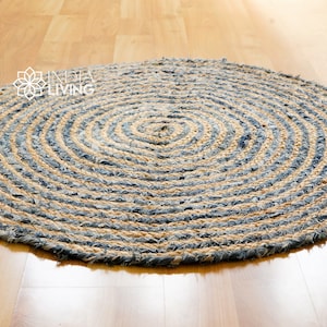Denim Jute Braided Round Rug,Denim Chindi Rag Rug, Sustainable and Stylish Home Decor - Bohemian concept Rug