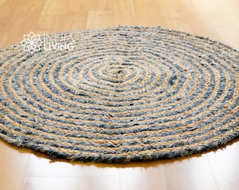 Denim Jute Braided Round Rug,Denim Chindi Rag Rug, Sustainable and Stylish Home Decor - Bohemian concept Rug