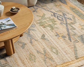 Hand woven Natural Sage green Bohemian Style Jute area Rug, Moroccan Style Scandinavian Decor Jute rug, Custom made in all sizes