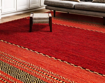 Alfombra Kilim roja - Alfombra de sala de estar étnica marroquí hecha a mano artística india con cojines, corredor de pasillo, alfombra boho decorativa