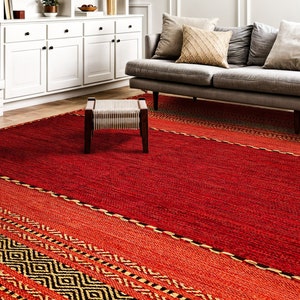 Alfombra Kilim roja, alfombra de salón étnica marroquí hecha a mano artística india con cojines, corredor de pasillo, alfombra decorativa Boho imagen 2