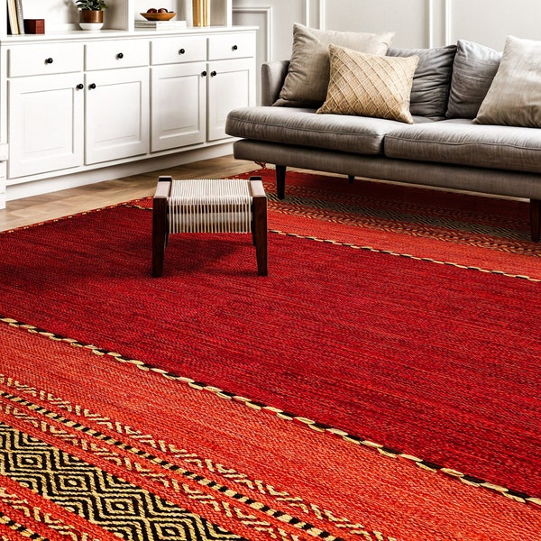 Red Kilim Rug, Indian Artistic Handmade Moroccan Ethnic Living Room rug with cushions, Hallway Runner, Decorative Bohemian carpet