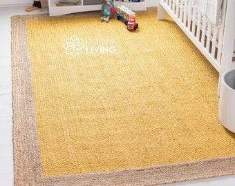 Alfombra de área bordeada de yute amarillo natural, yute de decoración sostenible trenzado a mano que admite mascotas, hecho a medida en todos los tamaños