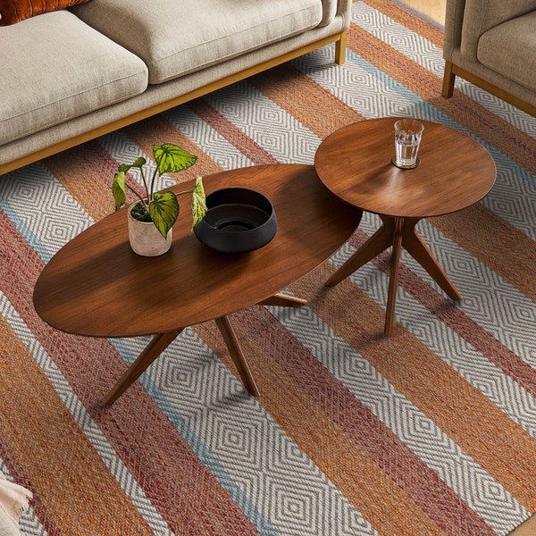 ボヘミアンストライプオレンジキリムラグ - 手織り、モダン、抽象、平織りラグ、カスタムメイド