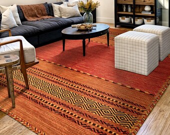 Orange Kilim Rug , Handmade Moroccan rug, Vintage carpet, Flat weave Area Rug for Living room, bedroom, Traditional , Artistic Decor