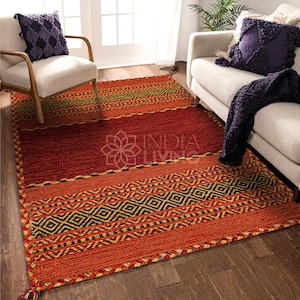 Alfombra Kilim roja, alfombra de salón étnica marroquí hecha a mano artística india con cojines, corredor de pasillo, alfombra decorativa Boho imagen 6