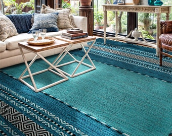 Teal Blue Kilim Rug, Indian Handmade, Vintage, Aesthetic Room Decor, Moroccan, Trending, Living Room Carpet, Hallway Runner, Aqua Blue Rug