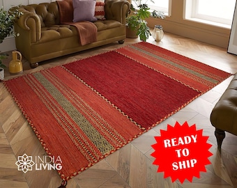 Alfombra Kilim roja, alfombra de salón étnica marroquí hecha a mano artística india con cojines, corredor de pasillo, alfombra decorativa Boho