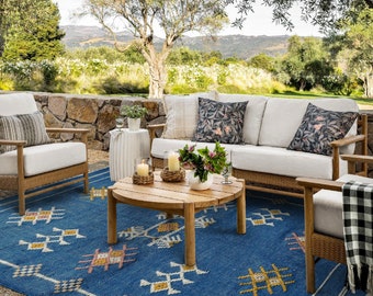 Alfombra de patio azul, alfombra boho, tejido plano, decoración sostenible, alfombra interior - exterior, hecha a medida